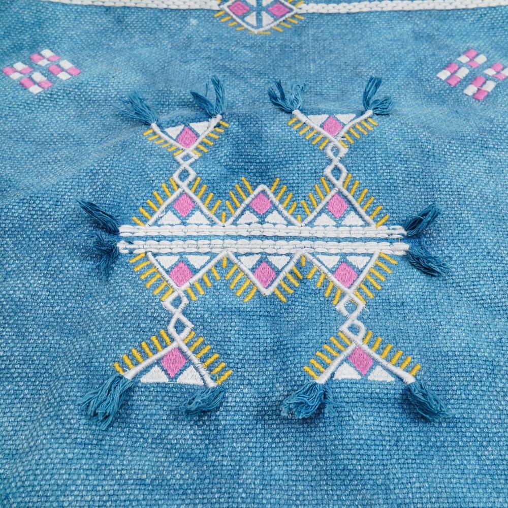 Moroccan Embroidered Pillow Cover 20x20 Blue Cotton Fringe Tassel Cushion Cover - Picture 4 of 7